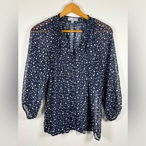 NEXX Navy And White Women’s Sheer Button Down Blouse Smocked Collar Medium
